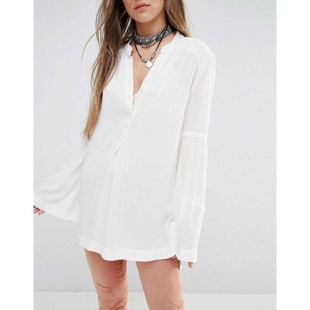 Free People White Bell Sleeve Button Front Relaxed Top